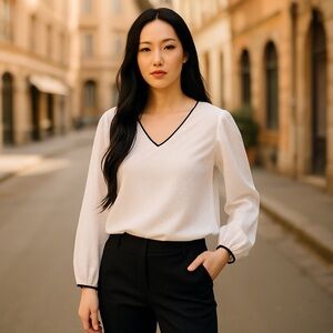 White Petite Jacquard Check Scoop Neck Blouse